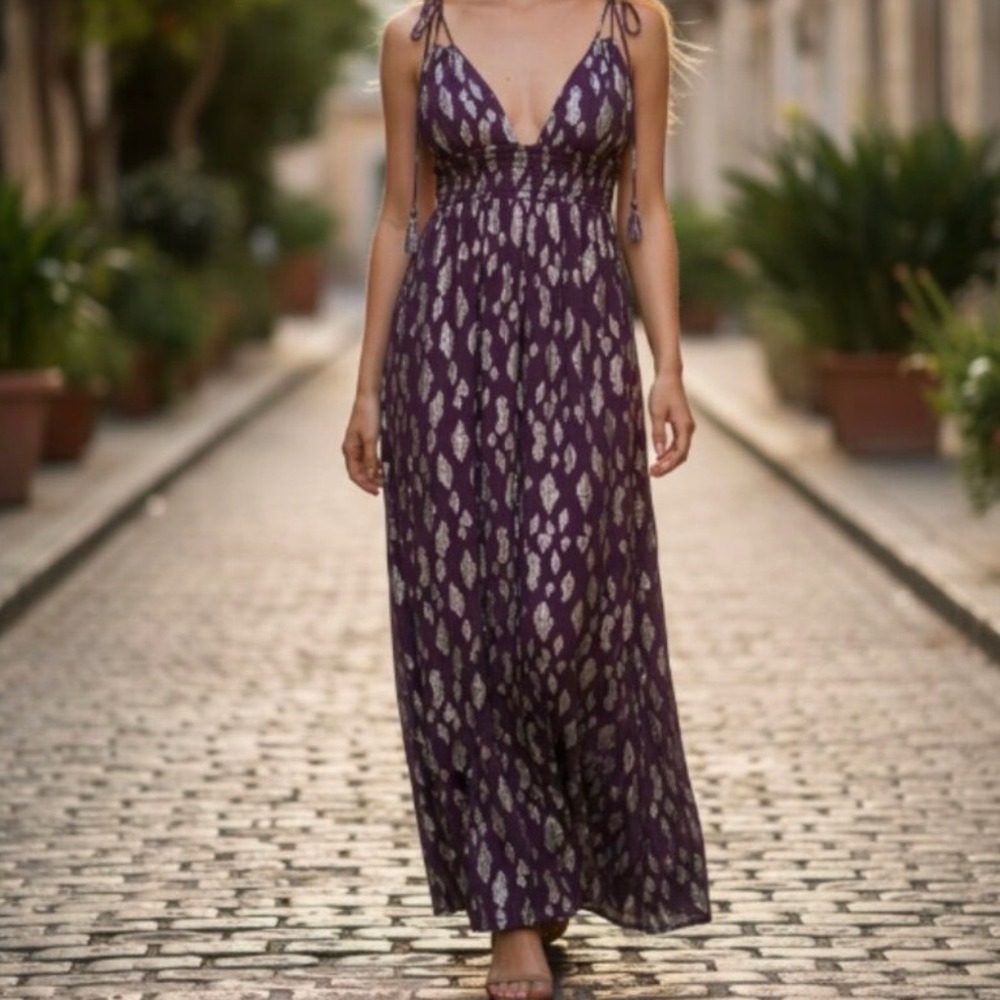 Altar'd State Vanessa Purple & Gold Metallic Leaf Maxi Dress V-Neck Tassel Tie L
